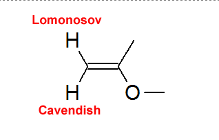 isopropenyl methyl ether structure. Cavendish H is cis to the methoxy group, Lomonosov is trans to the methoxy group.