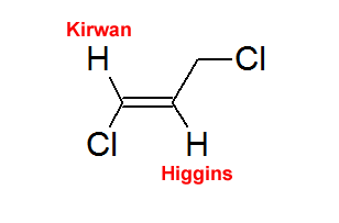 trans-1,3-dichloropropene. Kirwan is geminal to the chloro group. Higgins is trans to Kirwan and cis to the chloro group.