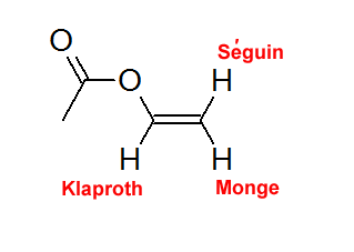 vinyl acetate structure. Klaproth is geminal to the acetyl group. Seguin H is cis to the acetyl group, Monge is trans to the acetyl group